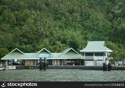 Buildings near a pier, Moorea, Tahiti, French Polynesia, South Pacific