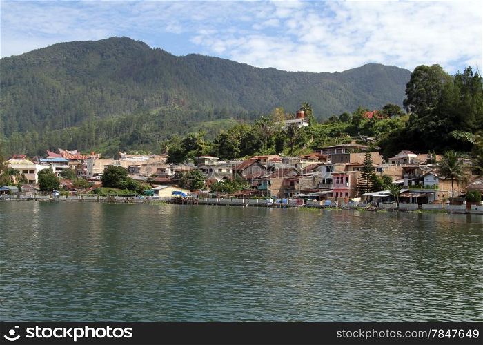 Buildings of town Parapat on the lake Toba in Indonesia