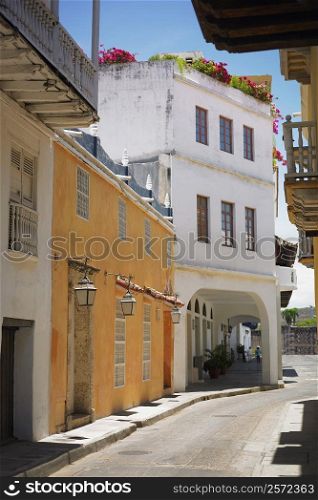 Buildings on both sides of an alley, Cartagena, Colombia