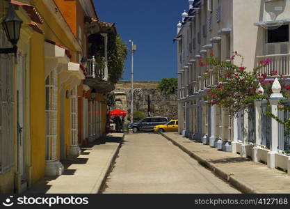 Buildings on both sides of an alley, Cartagena, Colombia