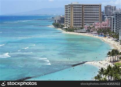 Buildings on the beach, Waikiki Beach, Honolulu, Oahu, Hawaii Islands, USA
