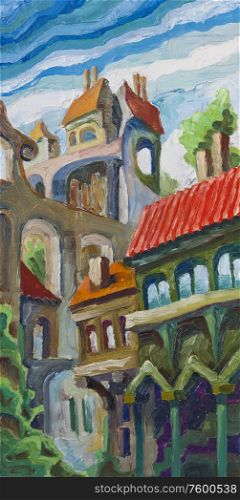 Buildings under the viaduct. The old city buildings are standing too close at the narrow street. Artwork by Alex Tsuper. Oil on canvas, 20 x 40 cm..