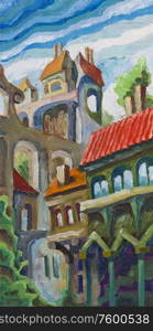 Buildings under the viaduct. The old city buildings are standing too close at the narrow street. Artwork by Alex Tsuper. Oil on canvas, 20 x 40 cm..