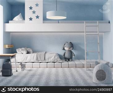 Built-in bunk bed for kids or children room in blue pastel and white tone color background. Education and Interior architecture concept. 3D illustration rendering