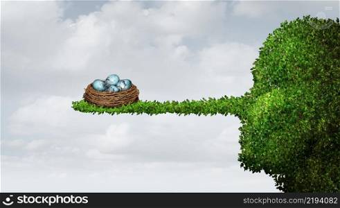 Built on a lie metaphor or born liar symbol as a nest with eggs on a long nose shaped tree as a Growing lie concept and dishonesty and lies metaphor with 3d illustration elements.