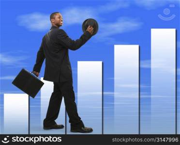 Buisinessman In Suit with Briefcase and Hat Walking and Smiling. Blue cloud graph background.