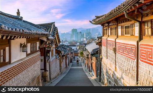 Bukchon Hanok Village in Seoul City, Traditional Korean style ancient architecture building, Seoul, South Korea.