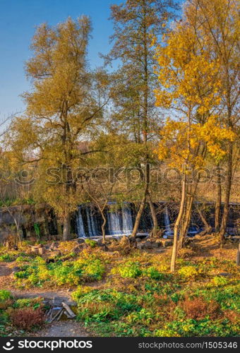 Buky Canyon and Hirskyi Tikych river, one of the natural wonders of Ukraine, in the fall. Buky Canyon and Hirskyi Tikych river in Ukraine