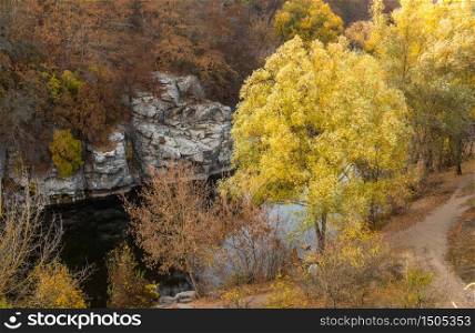 Buky Canyon and Hirskyi Tikych river, one of the natural wonders of Ukraine, in the fall. Buky Canyon and Hirskyi Tikych river in Ukraine