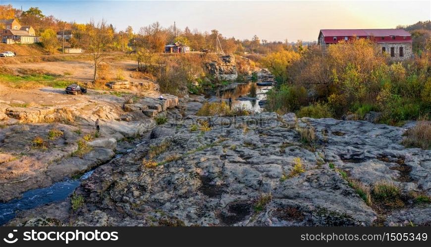 Buky, Ukraine 10.19.2019. Buky Canyon and Hirskyi Tikych river, one of the natural wonders of Ukraine, in the fall. Buky Canyon and Hirskyi Tikych river in Ukraine