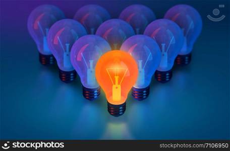 bulb lights, creative idea and leadership 3D rendering, think different