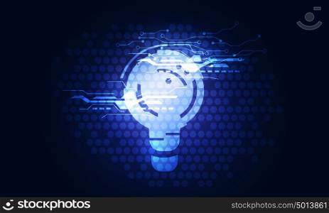 Bulb on curcuit board. Glowing bulb icon on digital dark background