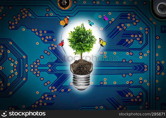 Bulb with a tree on a computer circuit board environment concept.