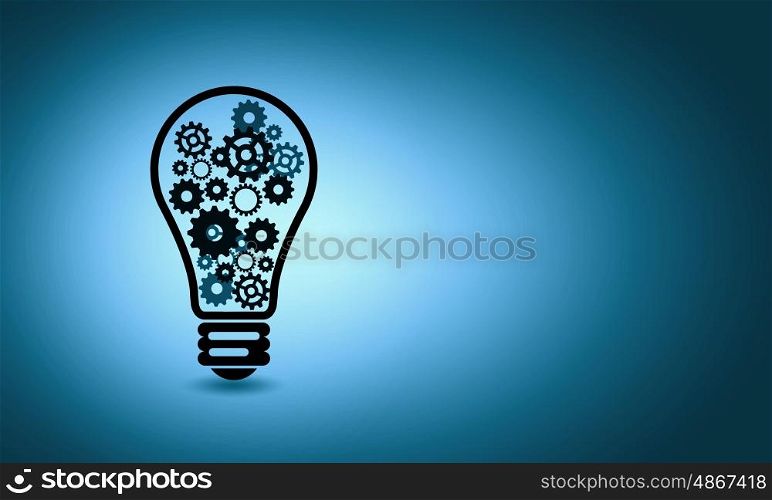 Bulb with gears. Conceptual image of light bulb with cogwheels inside