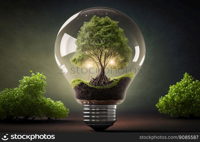 Bulb with vegetation, idea of green energy, natural conservation. Renewable energy, conservation concept. Generative AI.