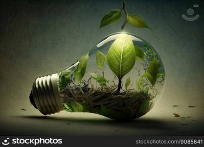 Bulb with vegetation, idea of green energy, natural conservation. Renewable energy, conservation concept. Generative AI.