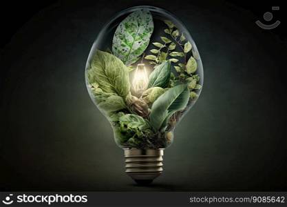 Bulb with vegetation, idea of green energy, natural conservation. Renewable energy, conservation concept. Generative AI.