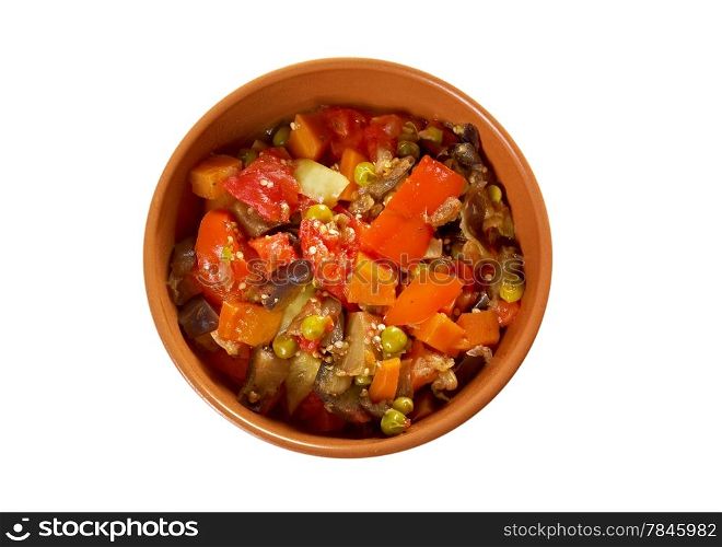 Bulgarian and romanian vegetables Country stew - gyuvech.farmhouse kitchen.isolated