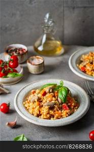 bulgur with chicken hearts and vegetables. Delicious healthy dish on a gray background. Bulgur pilaf. Bulgur with chicken hearts