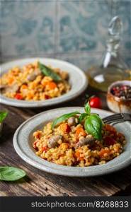 bulgur with chicken hearts and vegetables. Delicious healthy dish on dark background. Bulgur pilaf. Bulgur with chicken hearts