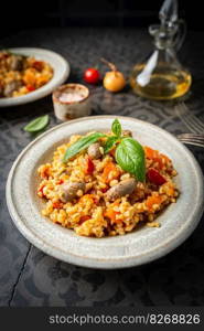 bulgur with chicken hearts and vegetables. Delicious healthy dish on dark background, top view. Bulgur pilaf. Bulgur with chicken hearts