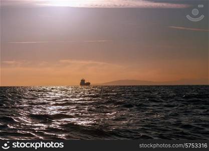 Bulk-carrier ship sailing in the sea at sunset&#xA;