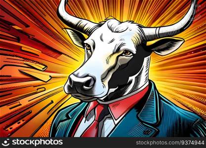 Bull businessman. Stock market uptrend concept.  Comic book style generative AI illustration