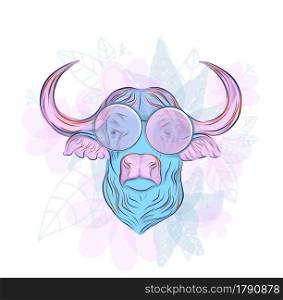 Bull logo. Head of an ox, hand-drawing. Fashion illustration for printing on fabric.. Bull logo. Head of an ox, hand-drawing. Fashion illustration for printing on fabric