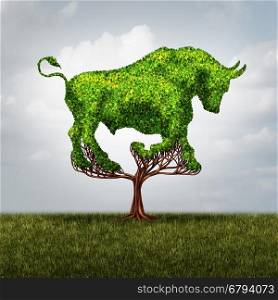 Bull market growth financial and positive investing success concept as a tree shaped as a symbol for stock market gains and profits or environmental business investor icon with 3D illustration elements.