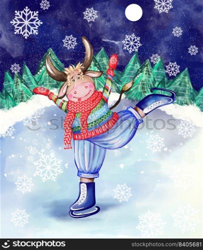  Bull on figure skates, isolated on a white background. Bull is engaged in figure skating. Hand-drawn watercolor illustration.  Bull on figure skates.Bull is engaged in figure skating