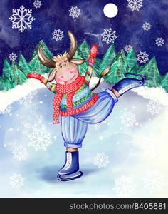  Bull on figure skates, isolated on a white background. Bull is engaged in figure skating. Hand-drawn watercolor illustration.  Bull on figure skates.Bull is engaged in figure skating