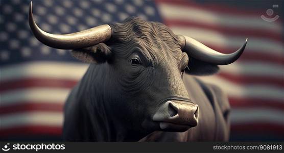 Bull on usa flag. Bull trend at stok market. Generative Ai image. Bull on usa flag