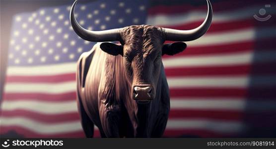 Bull on usa flag. Bull trend at stok market. Generative Ai image. Bull on usa flag