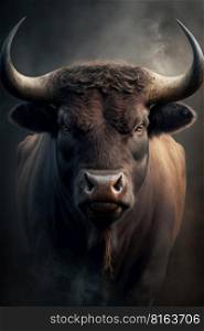 Bull portrait on dark background, AI Generative