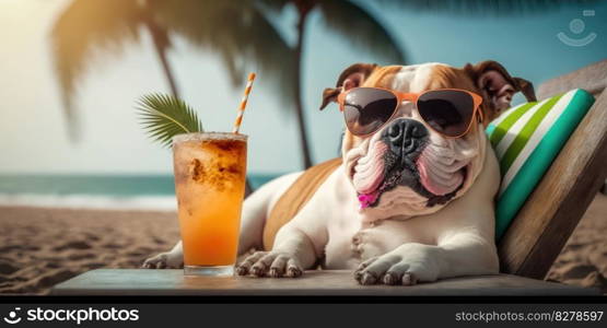 Bulldog dog is on summer vacation at seaside resort and relaxing rest on summer beach of Hawaii