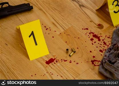 Bullet casings, blood splatter, and gun next to markers at crime scene