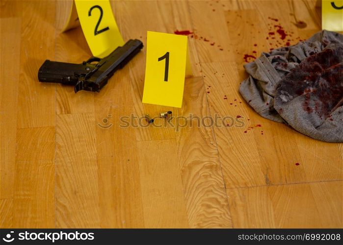 Bullet casings. bloody clothes, and gun next to markers at crime scene