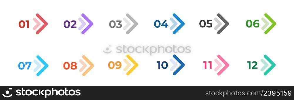 Bullet points. Colourful arrows set isolated on white. Direction number bullet points from one to twelve. Stock. Colourful arrows set isolated on white. Direction number bullet points from one to twelve. Stock illustration