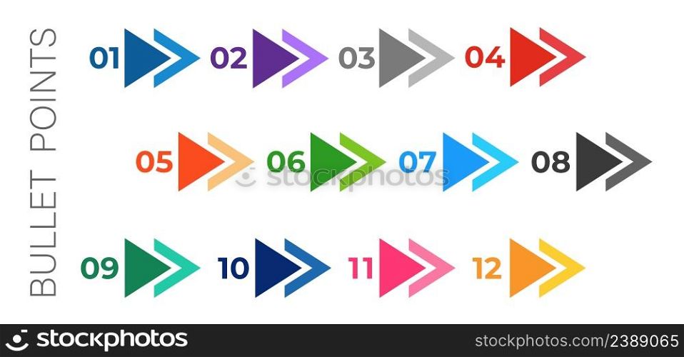 Bullet points. Colourful arrows set isolated on white background. Bullet points numbers from one to twelve.. Colourful arrows set isolated on white background. Bullet points numbers from one to twelve.