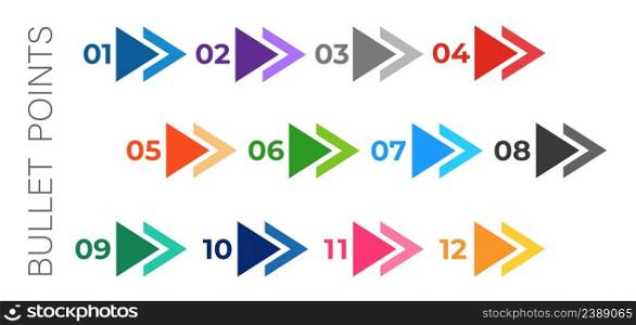 Bullet points. Colourful arrows set isolated on white background. Bullet points numbers from one to twelve.. Colourful arrows set isolated on white background. Bullet points numbers from one to twelve.