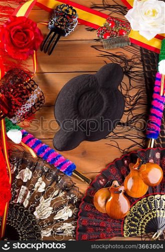 Bullfighter and flamenco typical from Espana Spain torero hat castanets comb flag and rose