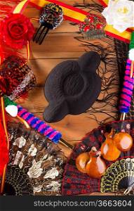 Bullfighter and flamenco typical from Espana Spain torero hat castanets comb flag and rose