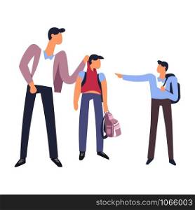 Bullying at school young students teasing weak person vector teenagers being mean to classmate holding his back satchel in hands violence of bad boys poking human harassment of violent bully gang.. Bullying at school young students teasing weak person