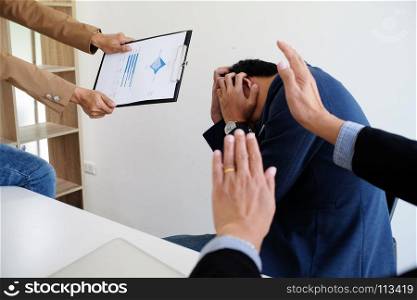 Bullying with an out of control boss shouting to a stressed employee. Anger issues and stress concept