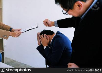 Bullying with an out of control boss shouting to a stressed employee. Anger issues and stress concept
