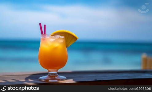 Bumble Bee Shot cocktail on background with blue sea and sky tropical background. Generative AI.. Bumble Bee Shot cocktail on background with blue sea and sky tropical background. Generative AI