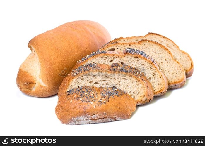 bun and slices of wheat bread isolated on white background