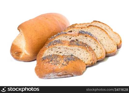 bun and slices of wheat bread isolated on white background