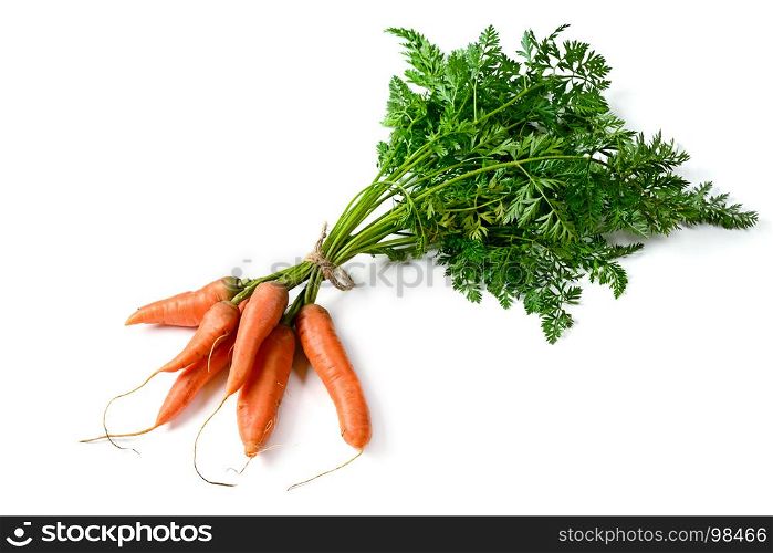 Bunch fresh carrots isolated on white. Top view. Vegetables from garden.