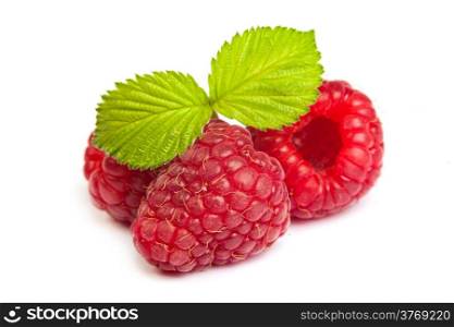 Bunch of a red raspberry on a white background. Close up macro shot. Image was professionally retouched